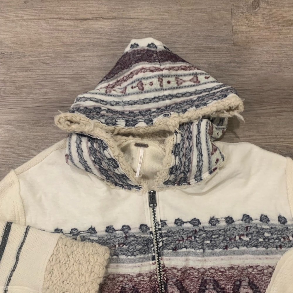 Free People Alpine Escape Ivory Comb Long Hooded Zip up Sweater Size L - Picture 5 of 11